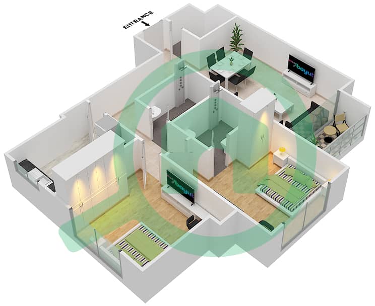 家庭大厦 - 2 卧室公寓单位10戶型图 interactive3D