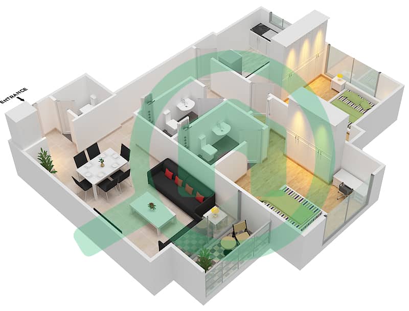 المخططات الطابقية لتصميم الوحدة 11 شقة 2 غرفة نوم - برج فاميلي interactive3D