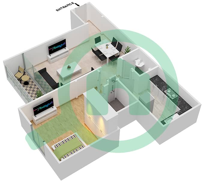 المخططات الطابقية لتصميم الوحدة 6 شقة 1 غرفة نوم - برج فاميلي interactive3D