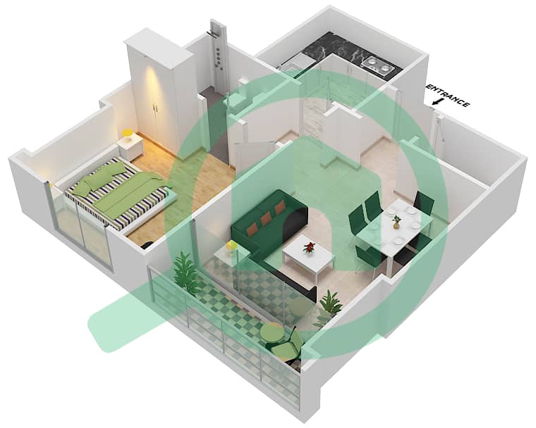 المخططات الطابقية لتصميم الوحدة 7 شقة 1 غرفة نوم - برج فاميلي interactive3D