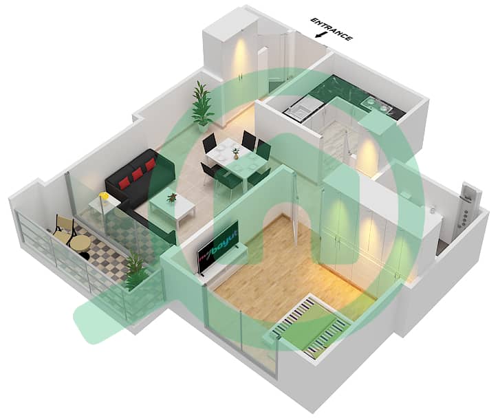 المخططات الطابقية لتصميم الوحدة 9 شقة 1 غرفة نوم - برج فاميلي interactive3D