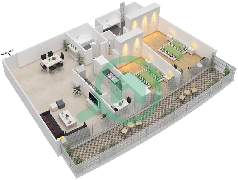 المخططات الطابقية لتصميم النموذج 2G شقة 2 غرفة نوم - مساكن كورنيش عجمان interactive3D