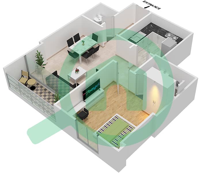 المخططات الطابقية لتصميم الوحدة 12 شقة 1 غرفة نوم - برج فاميلي interactive3D