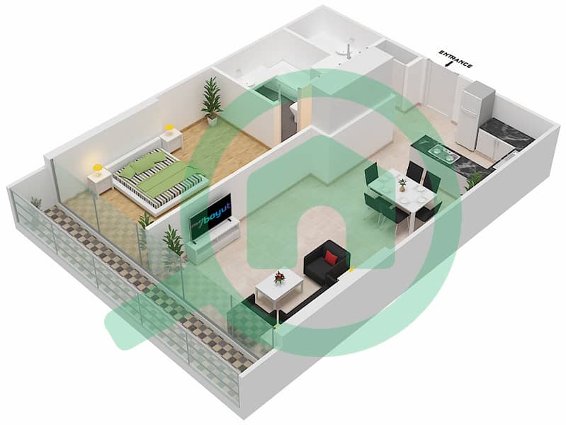 المخططات الطابقية لتصميم الوحدة 309 شقة 1 غرفة نوم - شقق المدينة Second,Third Floor image3D