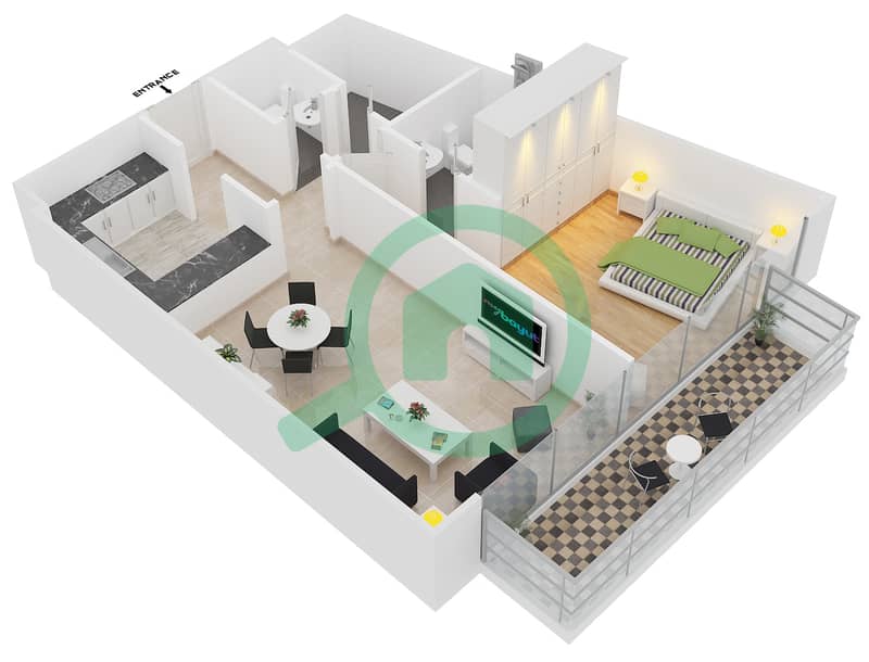 المخططات الطابقية لتصميم النموذج / الوحدة 2/101,201,301 شقة 1 غرفة نوم - كريستال ريزيدنس interactive3D