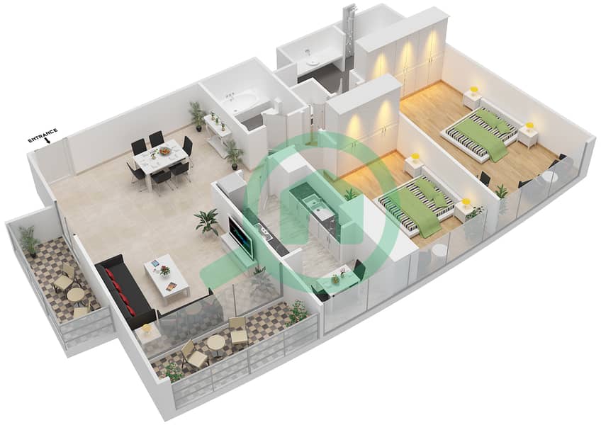 المخططات الطابقية لتصميم النموذج 2J شقة 2 غرفة نوم - مساكن كورنيش عجمان interactive3D