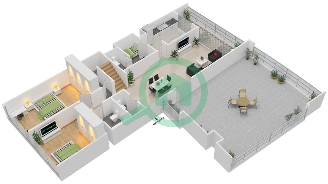 المخططات الطابقية لتصميم النموذج 3G شقة 3 غرف نوم - مساكن كورنيش عجمان interactive3D