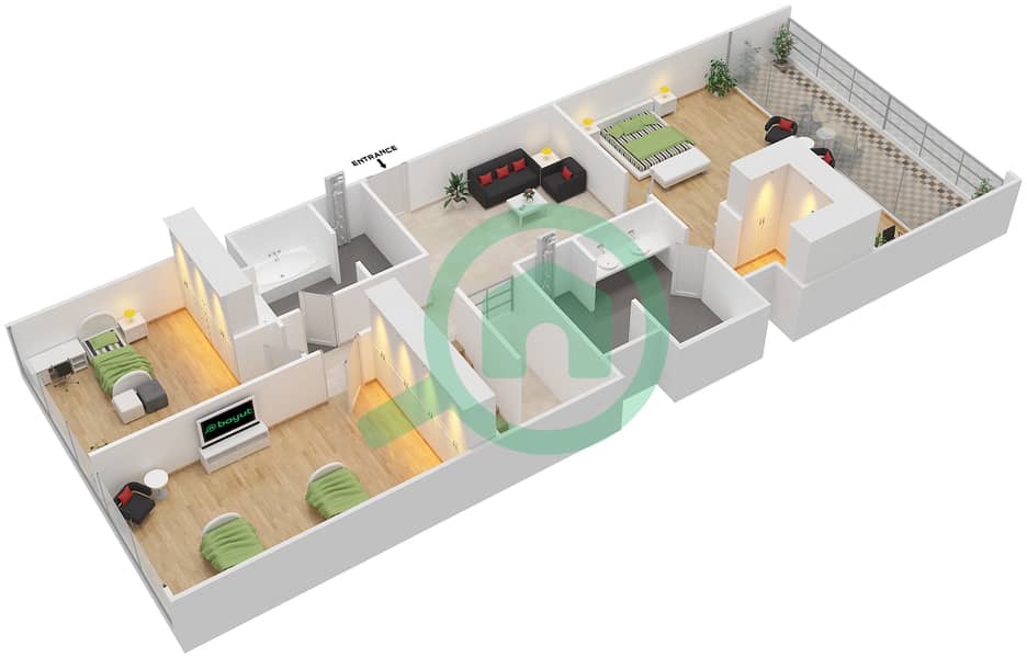 阿治曼科尼切公寓小区 - 3 卧室公寓类型3B戶型图 interactive3D