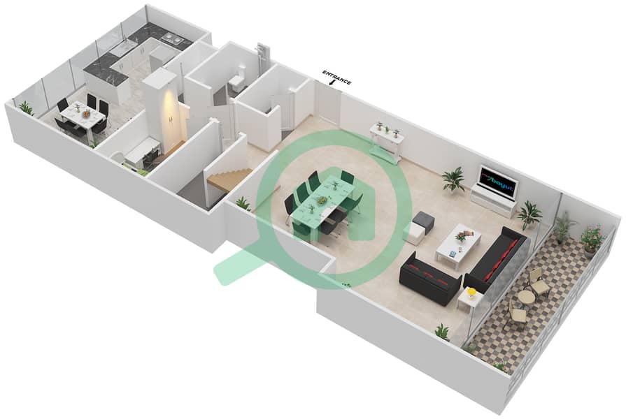 阿治曼科尼切公寓小区 - 3 卧室公寓类型3E戶型图 interactive3D
