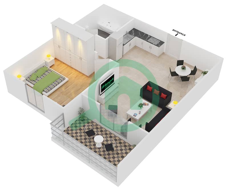 المخططات الطابقية لتصميم النموذج 19 شقة 1 غرفة نوم - دايموند فيوز 4 interactive3D