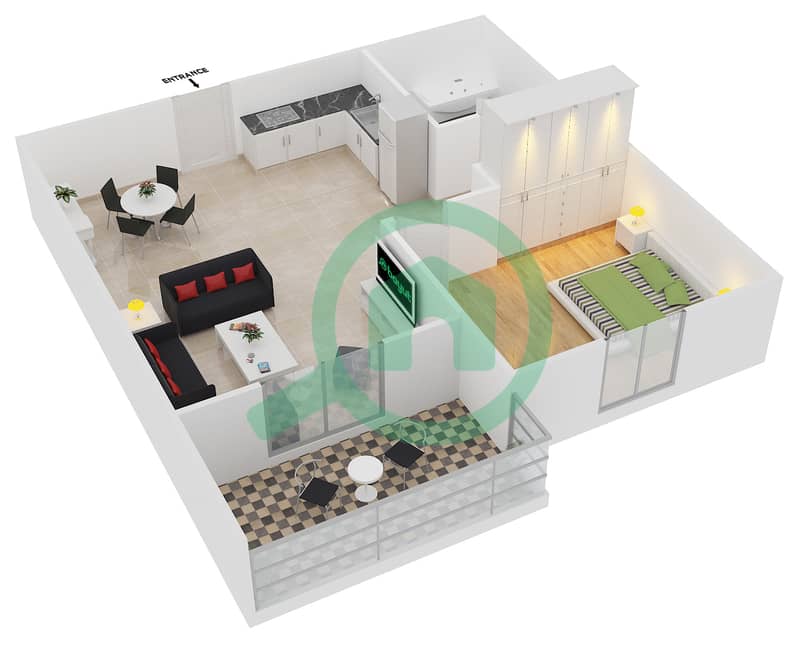 المخططات الطابقية لتصميم النموذج 20 شقة 1 غرفة نوم - دايموند فيوز 4 interactive3D