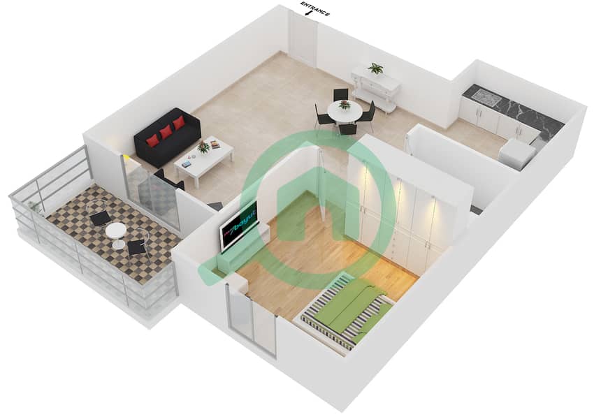المخططات الطابقية لتصميم النموذج 21 شقة 1 غرفة نوم - دايموند فيوز 4 interactive3D
