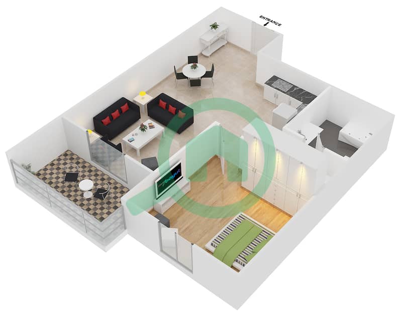 Даймонд Вьюс IV - Апартамент 1 Спальня планировка Тип 22 interactive3D