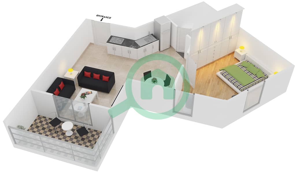 المخططات الطابقية لتصميم النموذج 34 شقة 1 غرفة نوم - دايموند فيوز 4 interactive3D