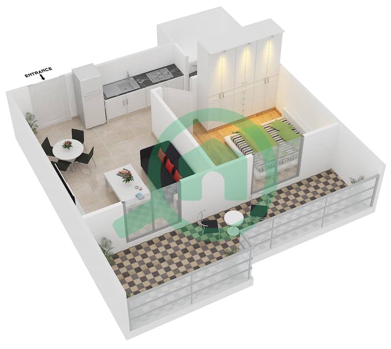المخططات الطابقية لتصميم النموذج 37 شقة 1 غرفة نوم - دايموند فيوز 4 interactive3D