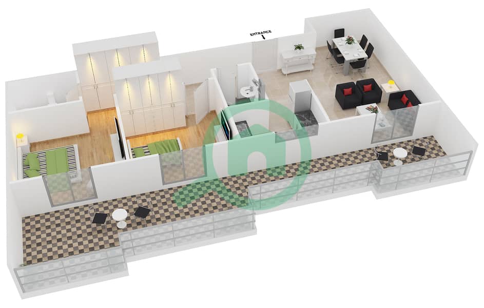 المخططات الطابقية لتصميم النموذج 2 شقة 2 غرفة نوم - دايموند فيوز 4 interactive3D