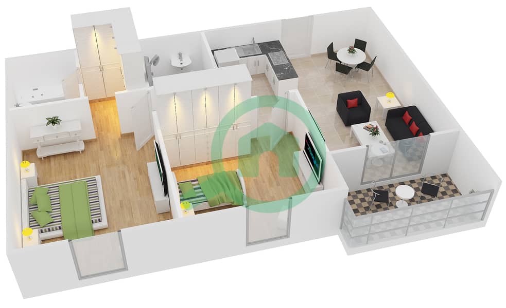 المخططات الطابقية لتصميم النموذج 27 شقة 2 غرفة نوم - دايموند فيوز 4 interactive3D