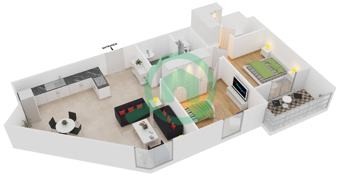 钻石景观 IV大楼 - 2 卧室公寓类型9戶型图 interactive3D