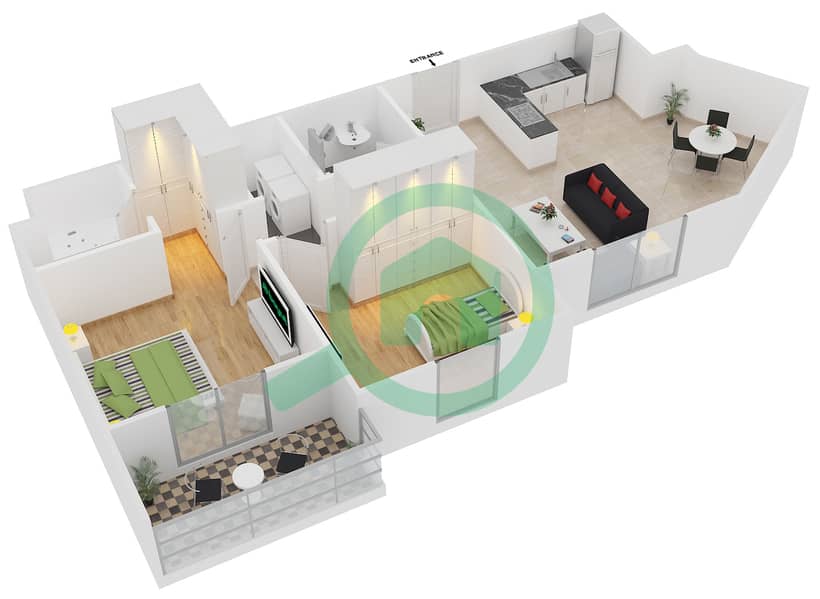 المخططات الطابقية لتصميم النموذج 14 شقة 2 غرفة نوم - دايموند فيوز 4 interactive3D