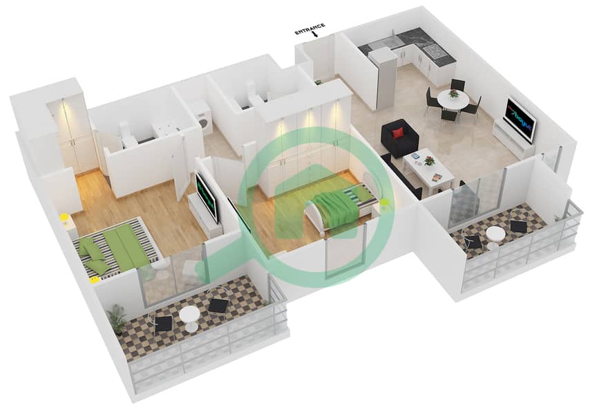 Даймонд Вьюс IV - Апартамент 2 Cпальни планировка Тип 18 interactive3D