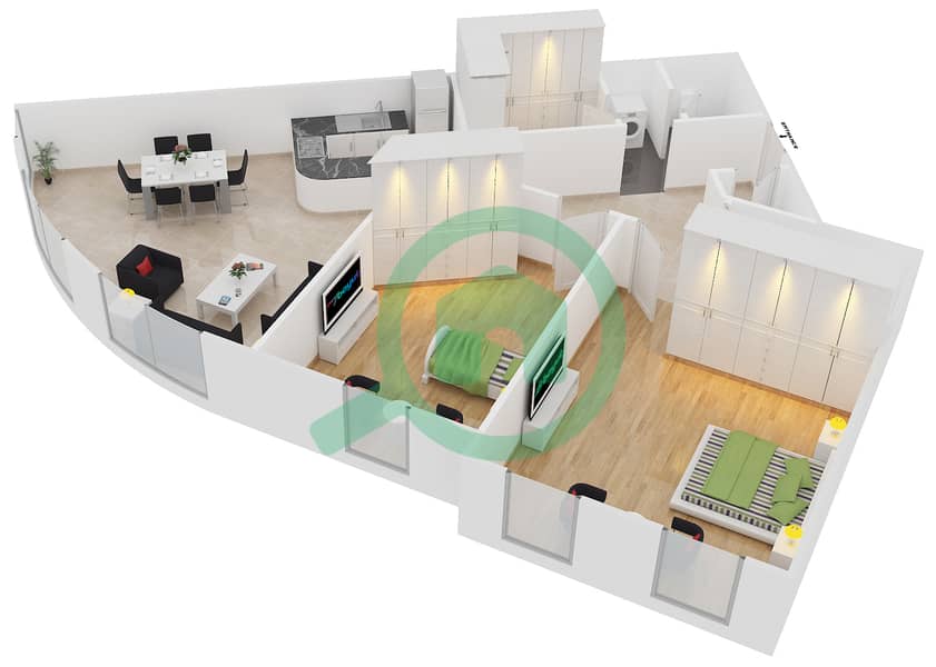 المخططات الطابقية لتصميم النموذج 24 شقة 2 غرفة نوم - دايموند فيوز 4 interactive3D