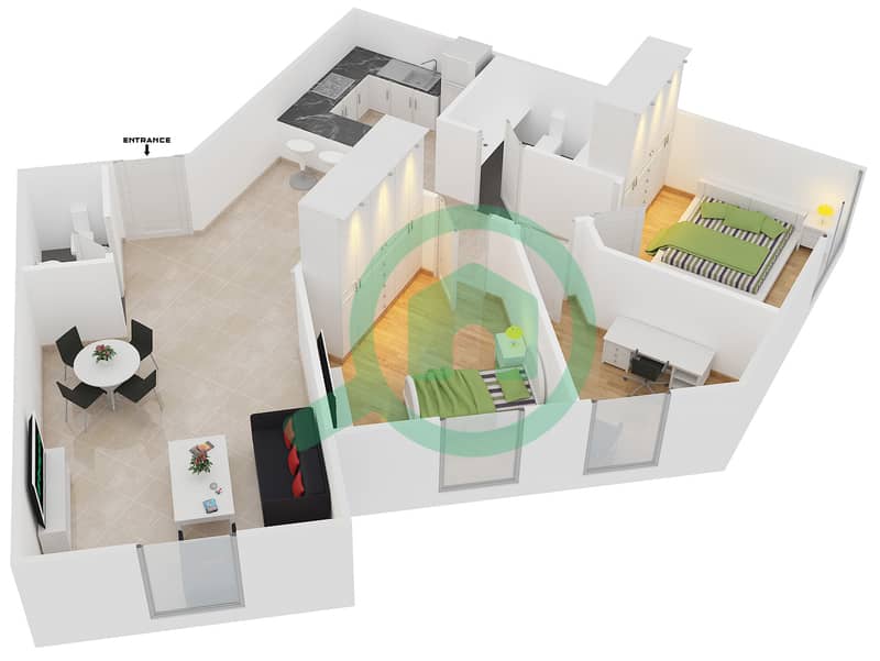 المخططات الطابقية لتصميم النموذج 29 شقة 2 غرفة نوم - دايموند فيوز 4 interactive3D