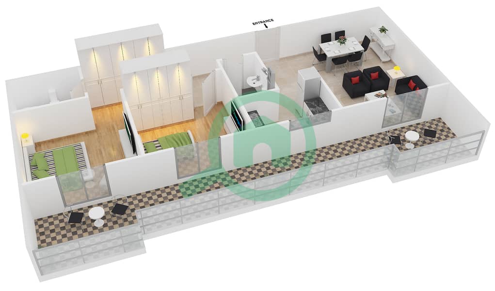 المخططات الطابقية لتصميم النموذج 32 شقة 2 غرفة نوم - دايموند فيوز 4 interactive3D
