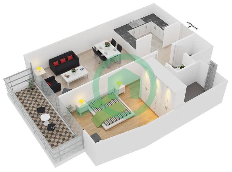 المخططات الطابقية لتصميم النموذج / الوحدة 6/123,124,223,224,323,324 شقة 1 غرفة نوم - كريستال ريزيدنس interactive3D