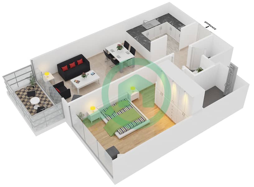 المخططات الطابقية لتصميم النموذج / الوحدة 7-227,327,419 شقة 1 غرفة نوم - كريستال ريزيدنس interactive3D