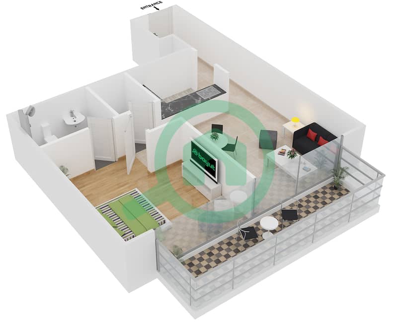 المخططات الطابقية لتصميم النموذج / الوحدة 8/132,233,333,425 شقة 1 غرفة نوم - كريستال ريزيدنس interactive3D