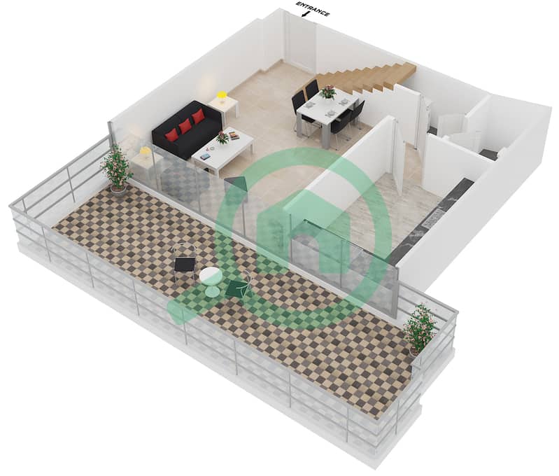 المخططات الطابقية لتصميم النموذج / الوحدة 1/401,403,405,407,409,428 شقة 2 غرفة نوم - كريستال ريزيدنس interactive3D