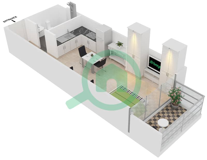 水晶公寓 - 单身公寓类型／单位1/102-116,125-129,136-150戶型图 interactive3D
