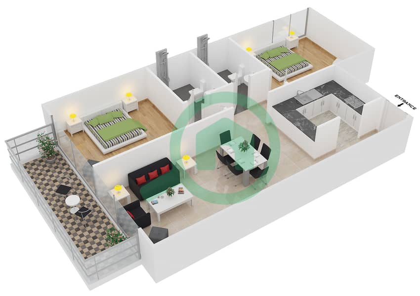 Кристал Резиденс - Апартамент 2 Cпальни планировка Тип/мера 5/134,236,336 interactive3D