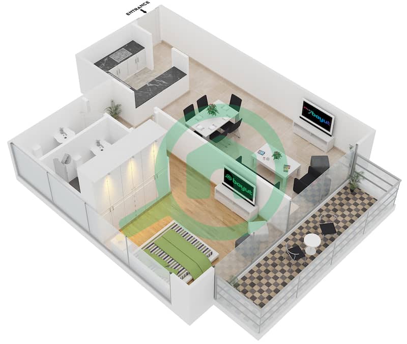 المخططات الطابقية لتصميم النموذج / الوحدة 4/117,217,317 شقة 1 غرفة نوم - كريستال ريزيدنس interactive3D
