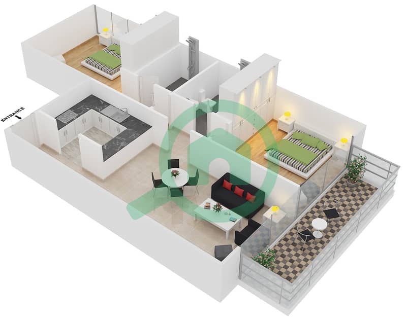 Кристал Резиденс - Апартамент 2 Cпальни планировка Тип/мера 4/118,218,318 interactive3D