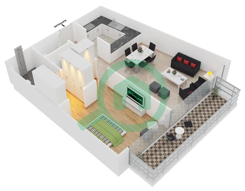المخططات الطابقية لتصميم النموذج / الوحدة 3/112,212,312 شقة 1 غرفة نوم - كريستال ريزيدنس interactive3D
