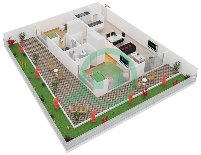 水晶公寓 - 2 卧室公寓类型／单位2/G08戶型图 interactive3D