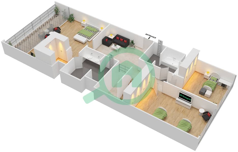 阿治曼科尼切公寓小区 - 3 卧室公寓类型3F戶型图 interactive3D