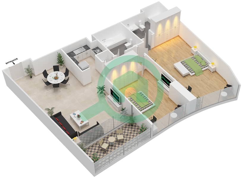 Аджман Корниш Резиденс - Апартамент 2 Cпальни планировка Тип 2D1 interactive3D