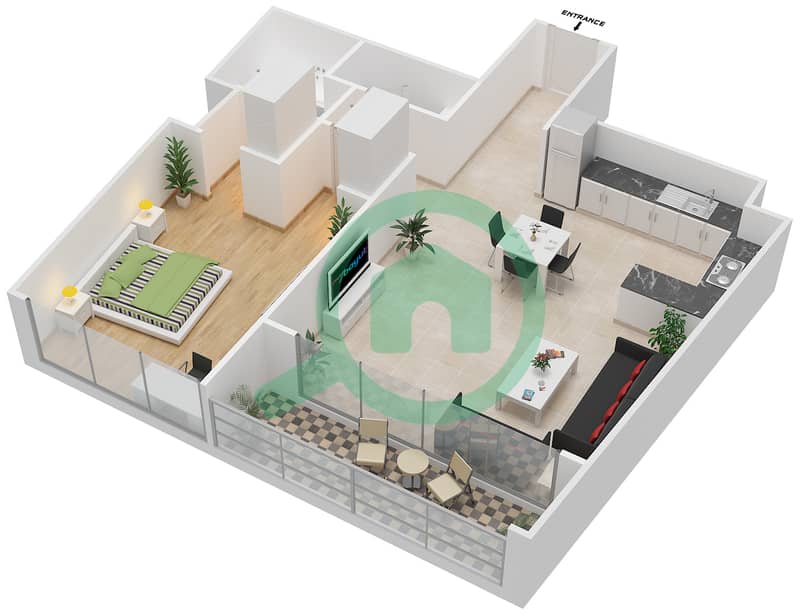 Аджман Корниш Резиденс - Апартамент 1 Спальня планировка Тип 1B interactive3D
