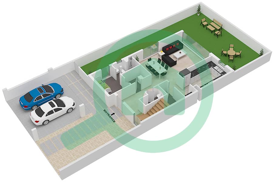 المخططات الطابقية لتصميم النموذج / الوحدة A/END تاون هاوس 3 غرف نوم - أرابيلا 3 Ground Floor interactive3D