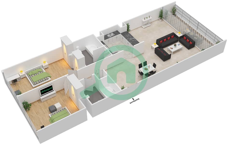 阿治曼科尼切公寓小区 - 2 卧室公寓类型2E戶型图 interactive3D