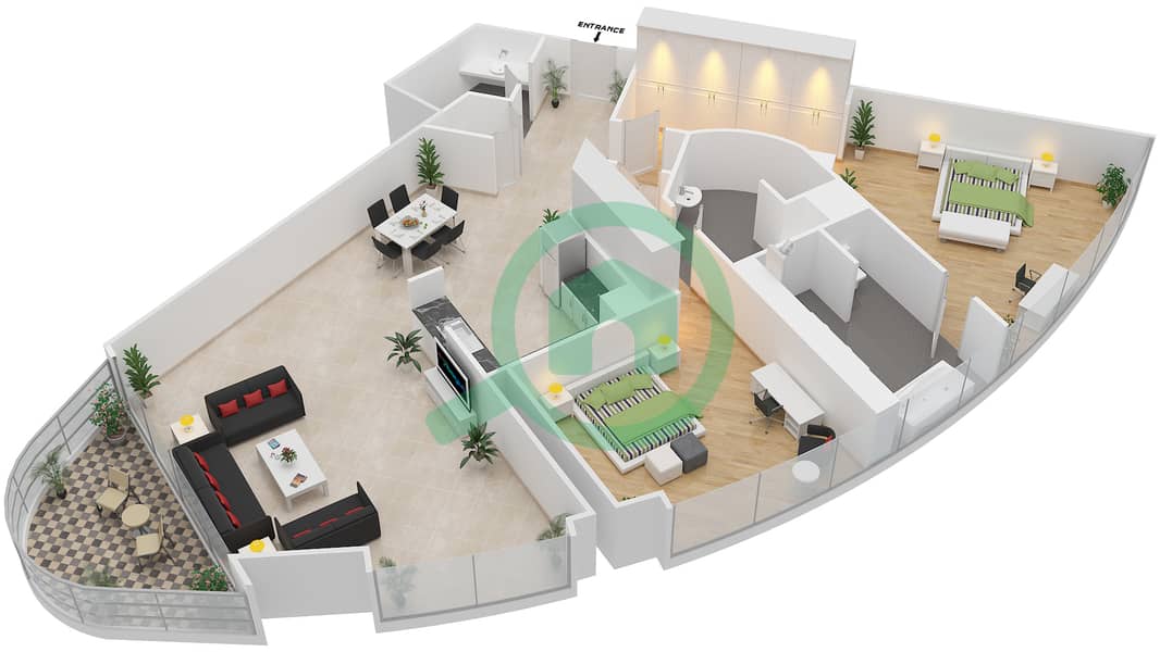 阿治曼科尼切公寓小区 - 2 卧室公寓类型2B戶型图 interactive3D
