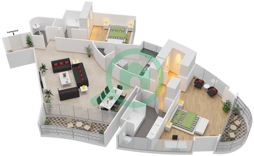 阿治曼科尼切公寓小区 - 2 卧室公寓类型2C戶型图 interactive3D
