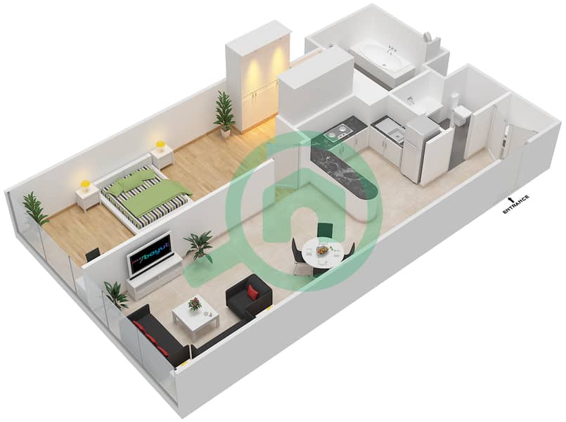المخططات الطابقية لتصميم النموذج 1A شقة 1 غرفة نوم - مساكن كورنيش عجمان interactive3D