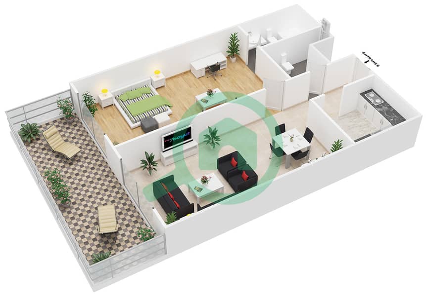 المخططات الطابقية لتصميم النموذج 1 شقة 1 غرفة نوم - جاردينيا interactive3D