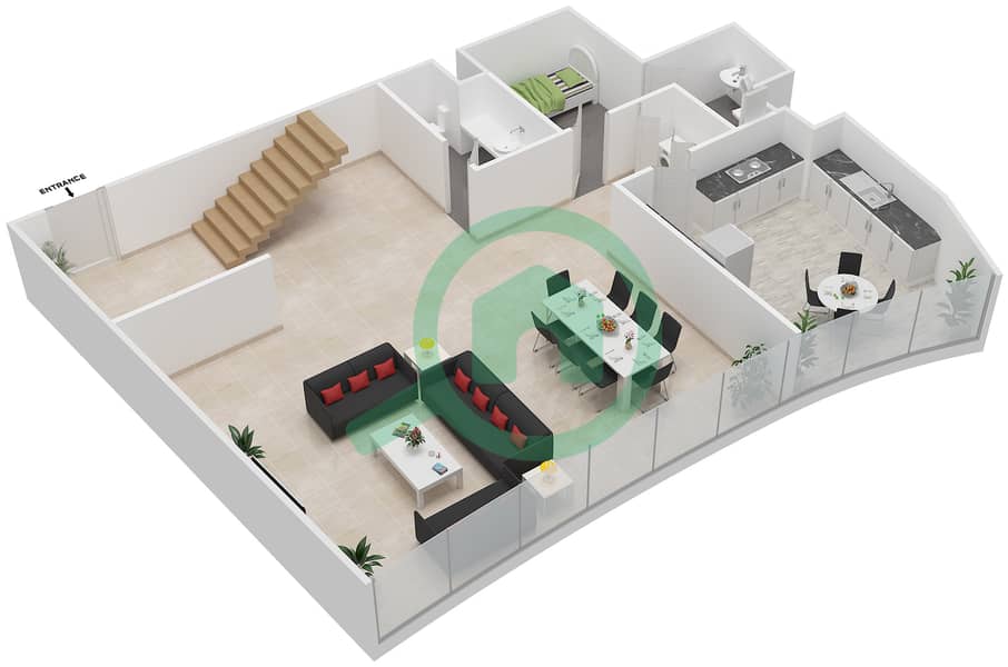 阿治曼科尼切公寓小区 - 3 卧室公寓类型3D戶型图 interactive3D