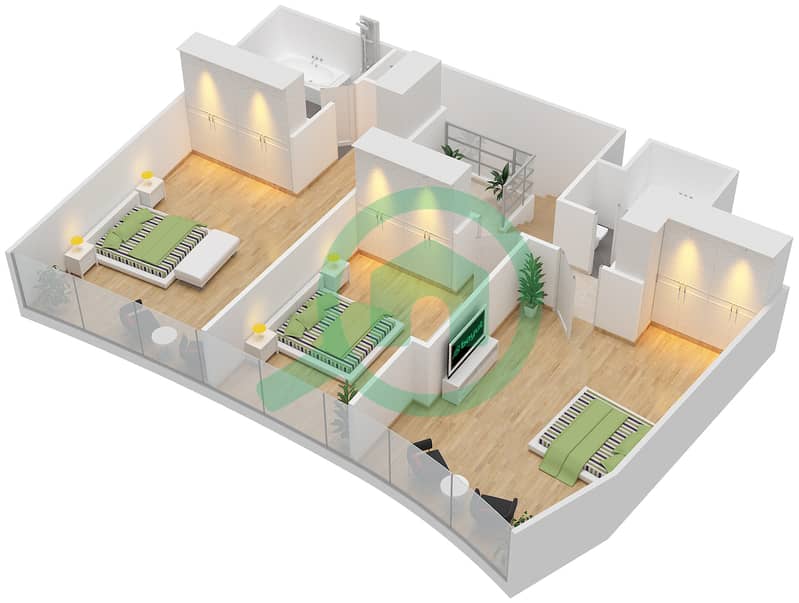 阿治曼科尼切公寓小区 - 3 卧室公寓类型3D戶型图 interactive3D