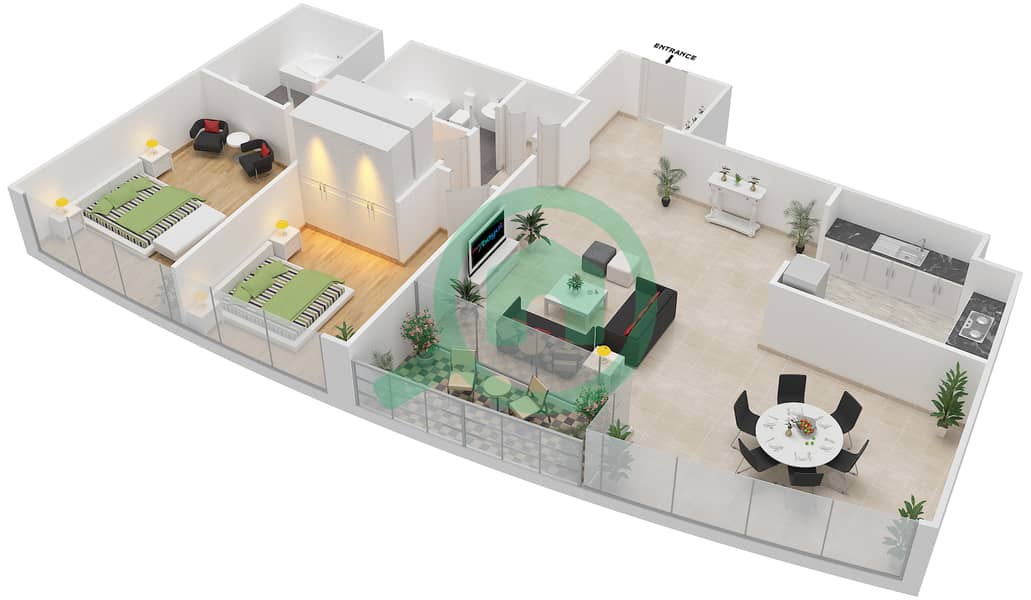 阿治曼科尼切公寓小区 - 2 卧室公寓类型2A戶型图 interactive3D
