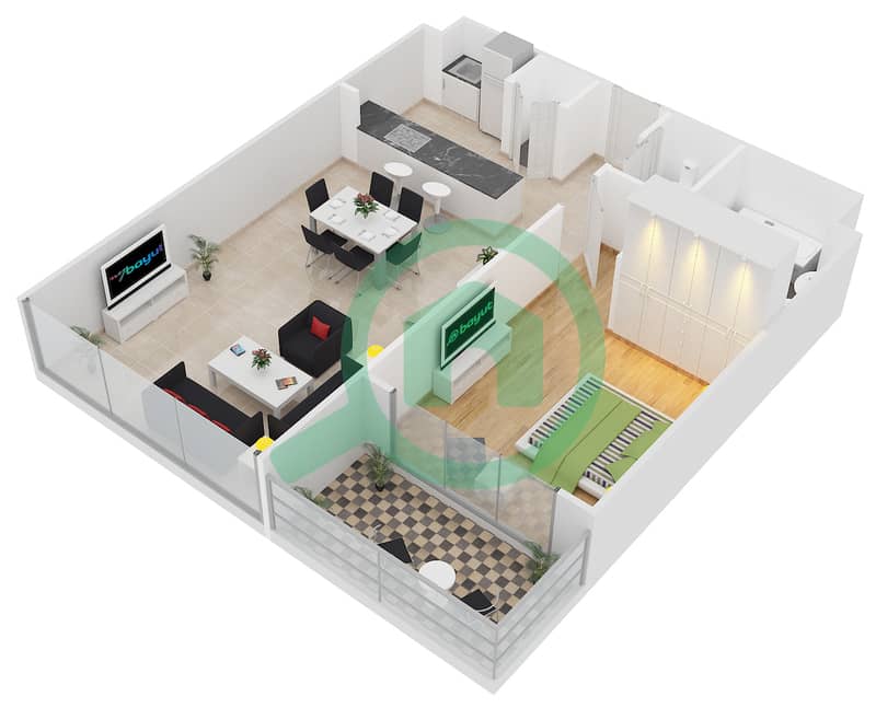 المخططات الطابقية لتصميم النموذج B شقة 1 غرفة نوم - فورتوناتو interactive3D